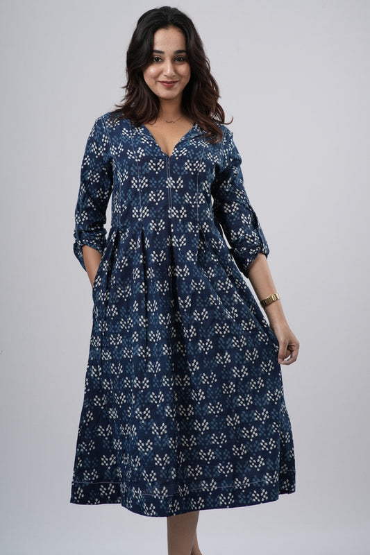 Indigo Diamond Lattice Handblock Cotton A-Line Dress