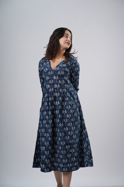 Indigo Diamond Lattice Handblock Cotton A-Line Dress