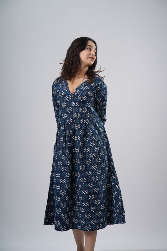Indigo Diamond Lattice Handblock Cotton A-Line Dress