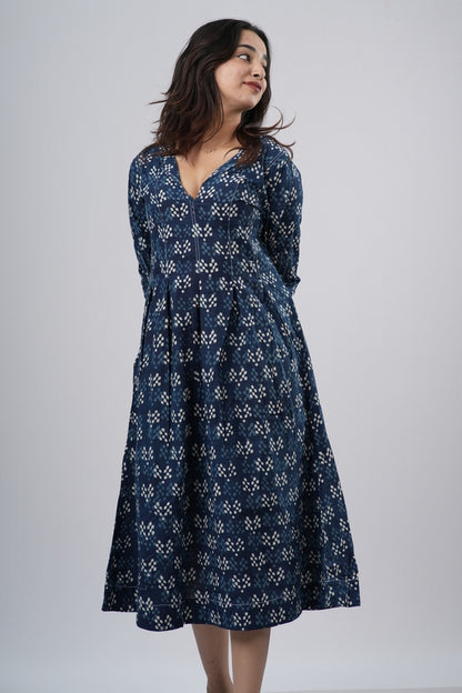 Indigo Diamond Lattice Handblock Cotton A-Line Dress