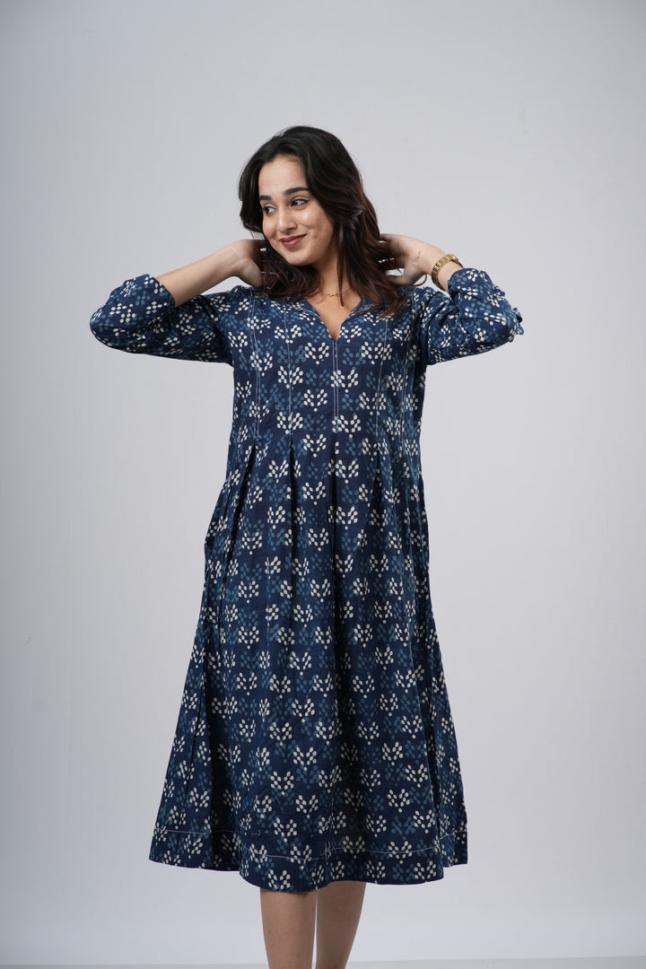 Indigo Diamond Lattice Handblock Cotton A-Line Dress