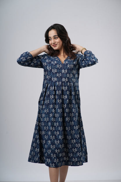 Indigo Diamond Lattice Handblock Cotton A-Line Dress