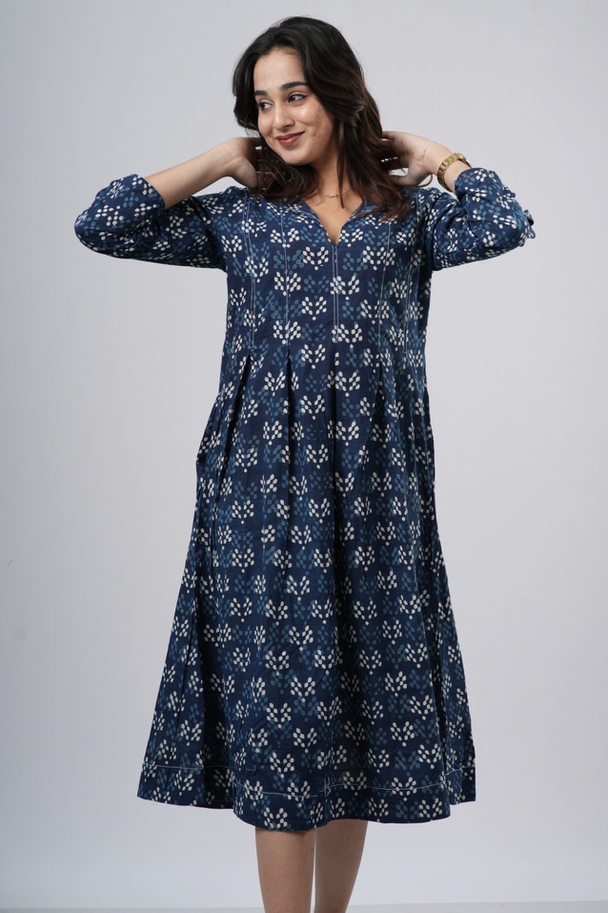 Indigo Diamond Lattice Handblock Cotton A-Line Dress