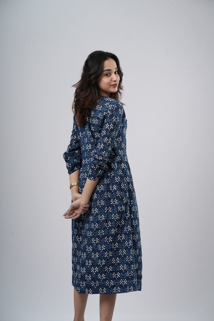 Indigo Diamond Lattice Handblock Cotton A-Line Dress