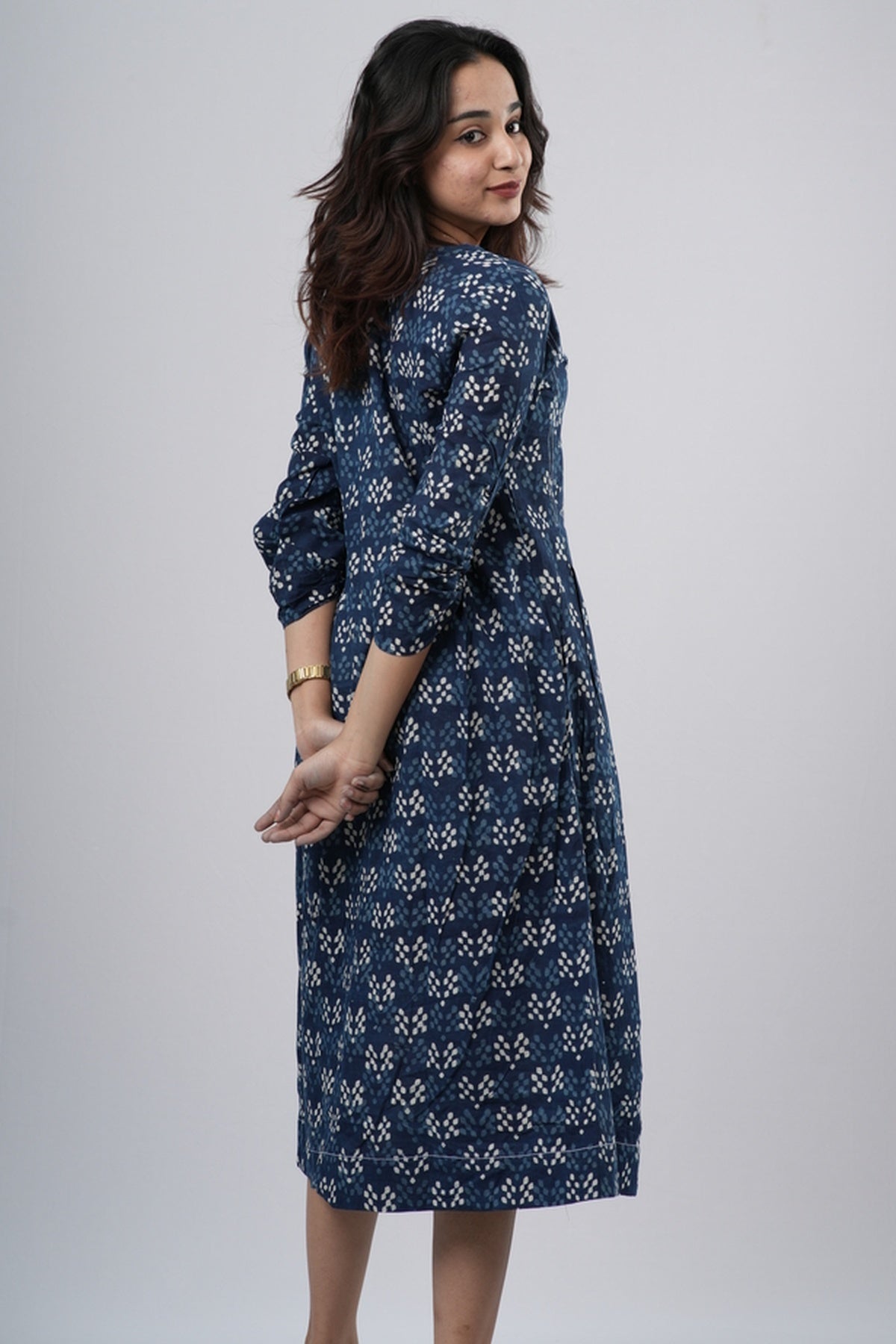 Indigo Diamond Lattice Handblock Cotton A-Line Dress