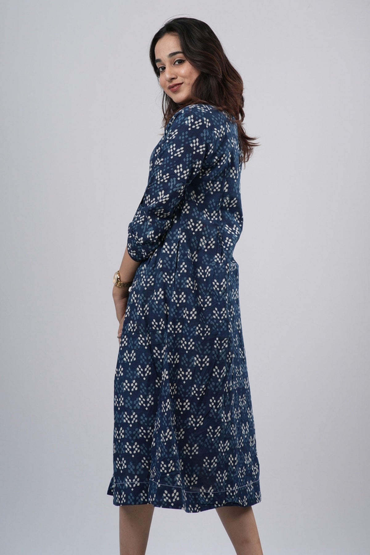 Indigo Diamond Lattice Handblock Cotton A-Line Dress