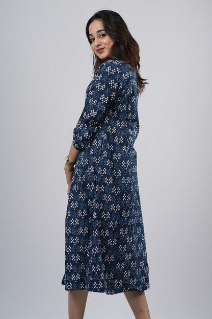 Indigo Diamond Lattice Handblock Cotton A-Line Dress