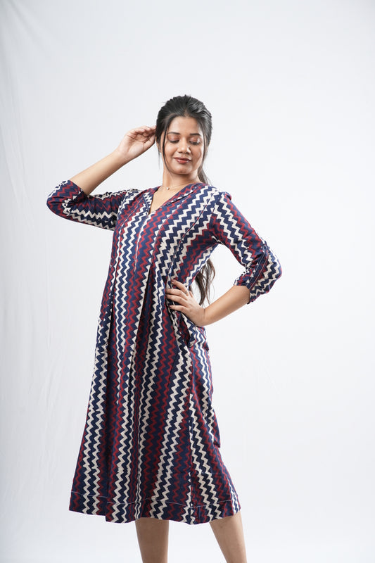 Indigo & Crimson Zigzag Chevron Cotton A-Line Dress