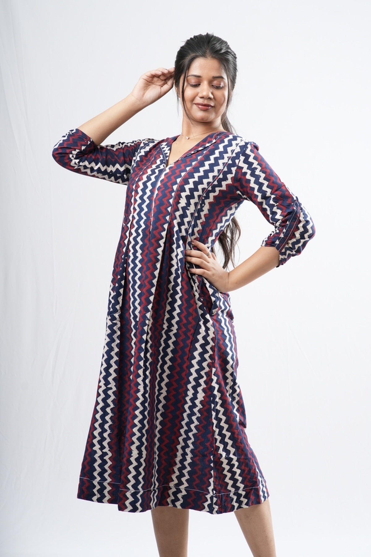 Indigo & Crimson Zigzag Chevron Cotton A-Line Dress