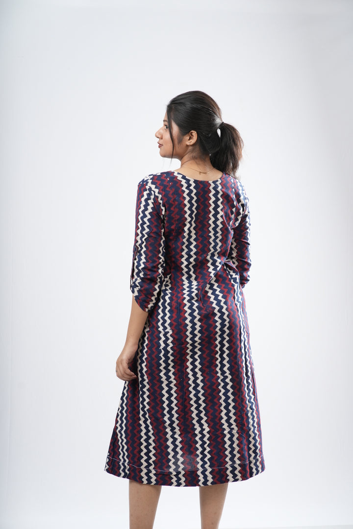Indigo & Crimson Zigzag Chevron Cotton A-Line Dress