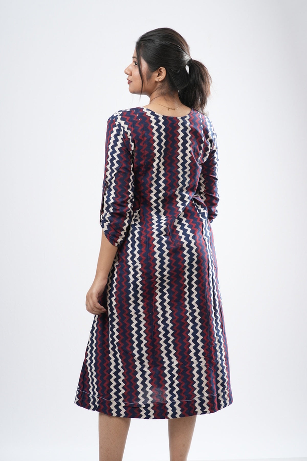 Indigo & Crimson Zigzag Chevron Cotton A-Line Dress