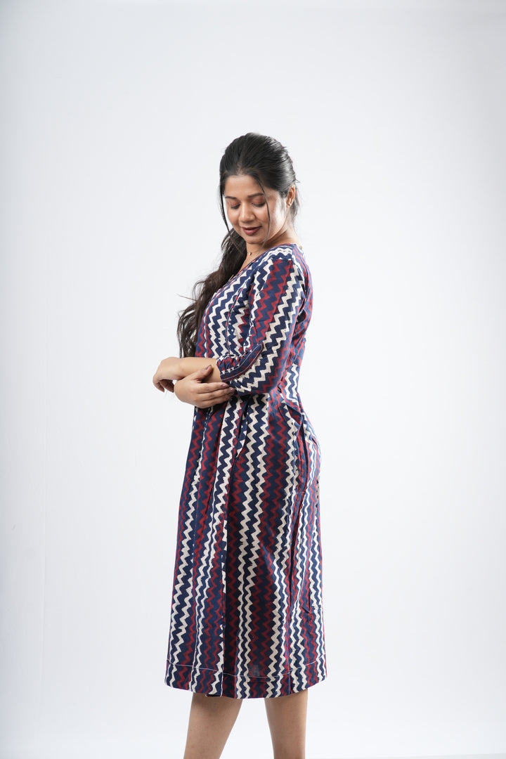 Indigo & Crimson Zigzag Chevron Cotton A-Line Dress