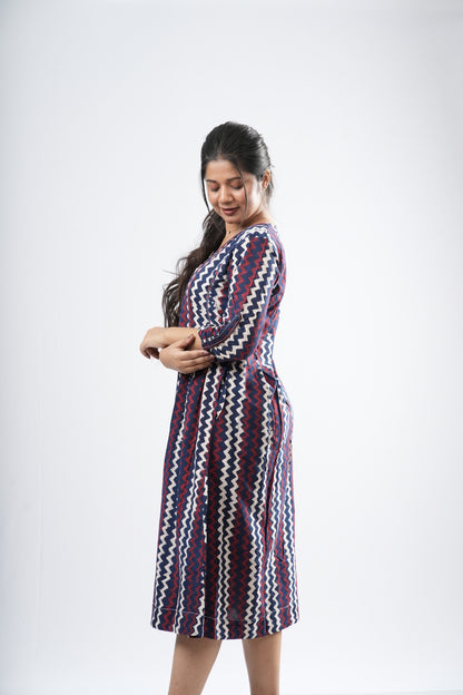 Indigo & Crimson Zigzag Chevron Cotton A-Line Dress