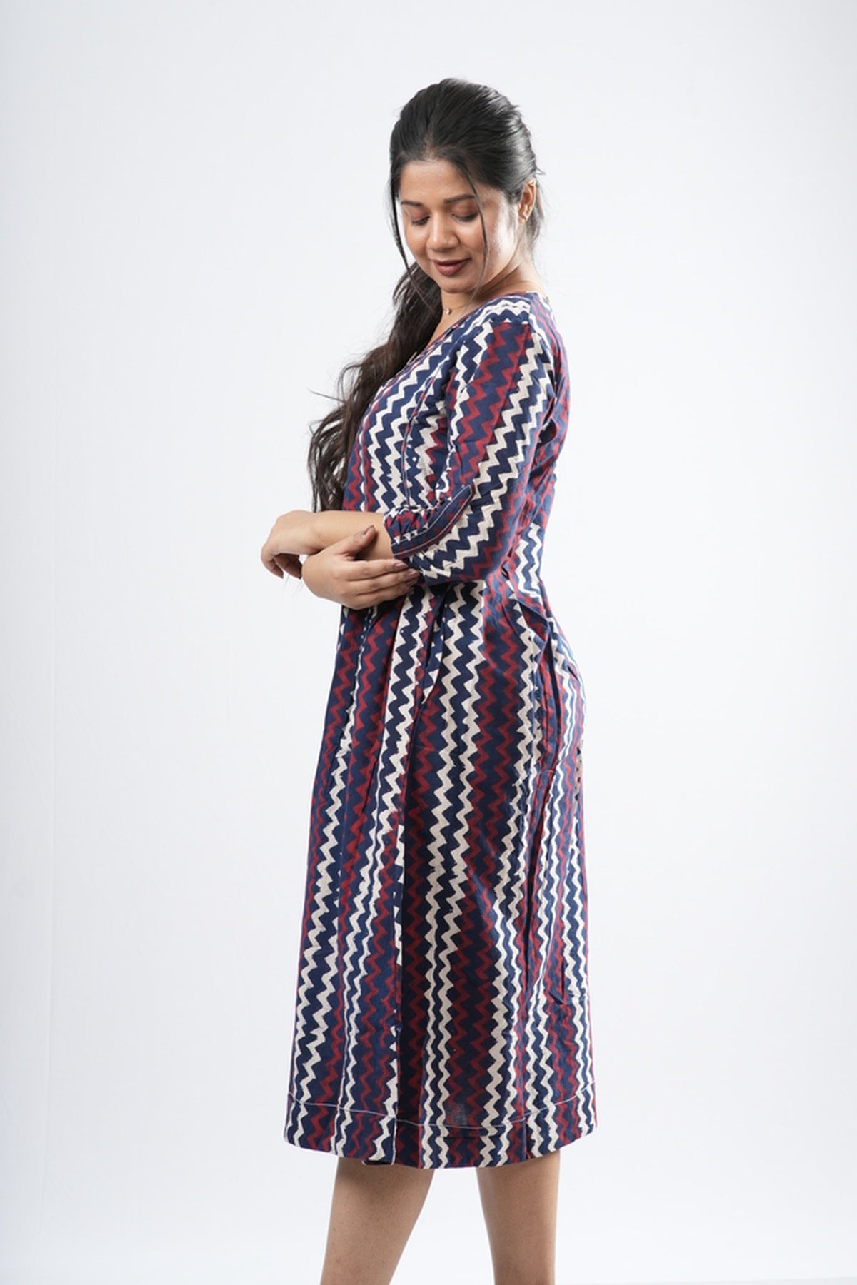 Indigo & Crimson Zigzag Chevron Cotton A-Line Dress
