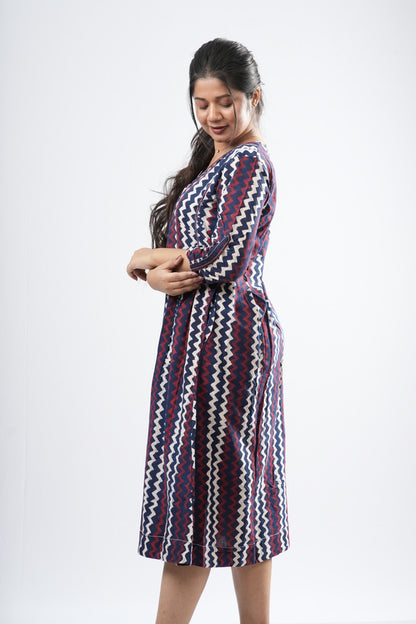 Indigo & Crimson Zigzag Chevron Cotton A-Line Dress