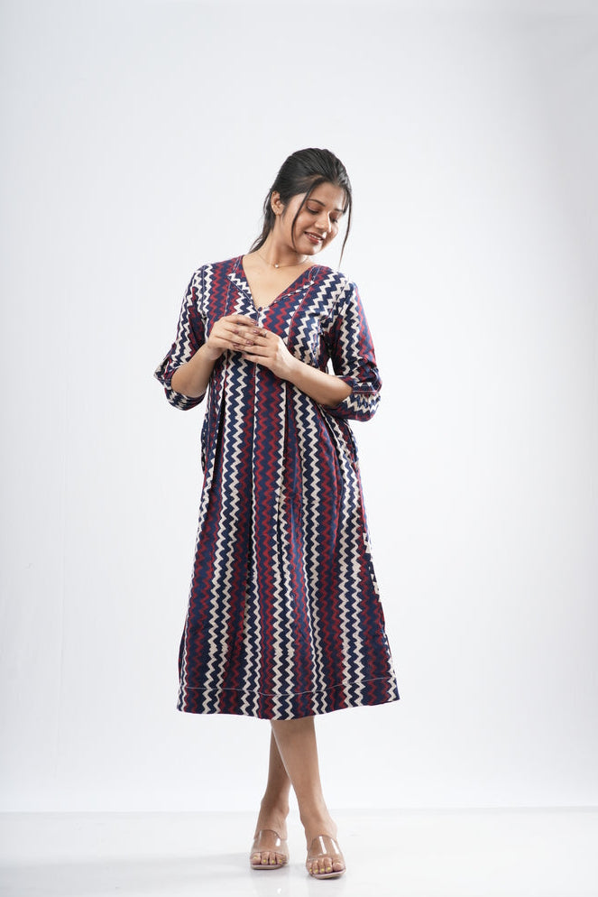 Indigo & Crimson Zigzag Chevron Cotton A-Line Dress