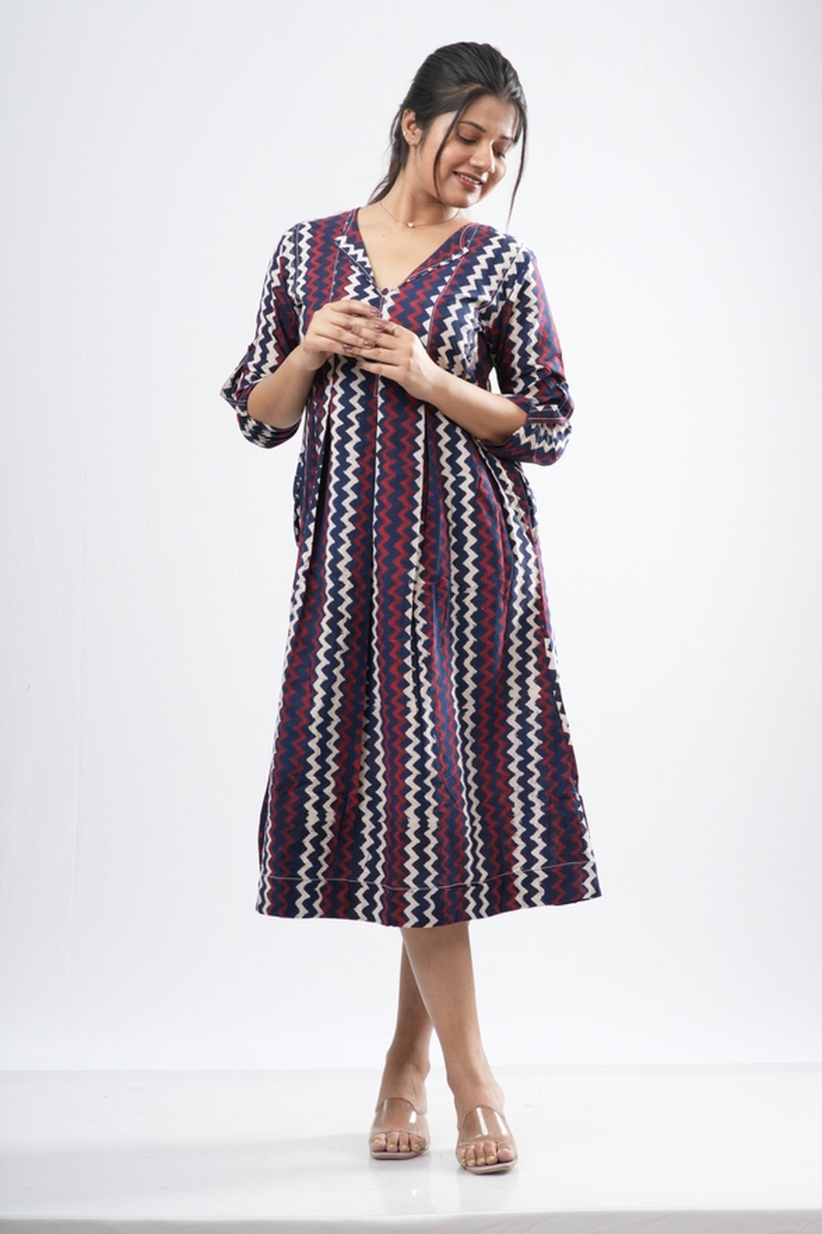 Indigo & Crimson Zigzag Chevron Cotton A-Line Dress