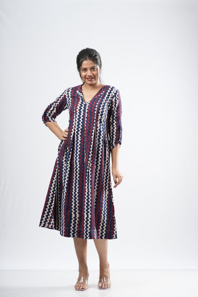 Indigo & Crimson Zigzag Chevron Cotton A-Line Dress