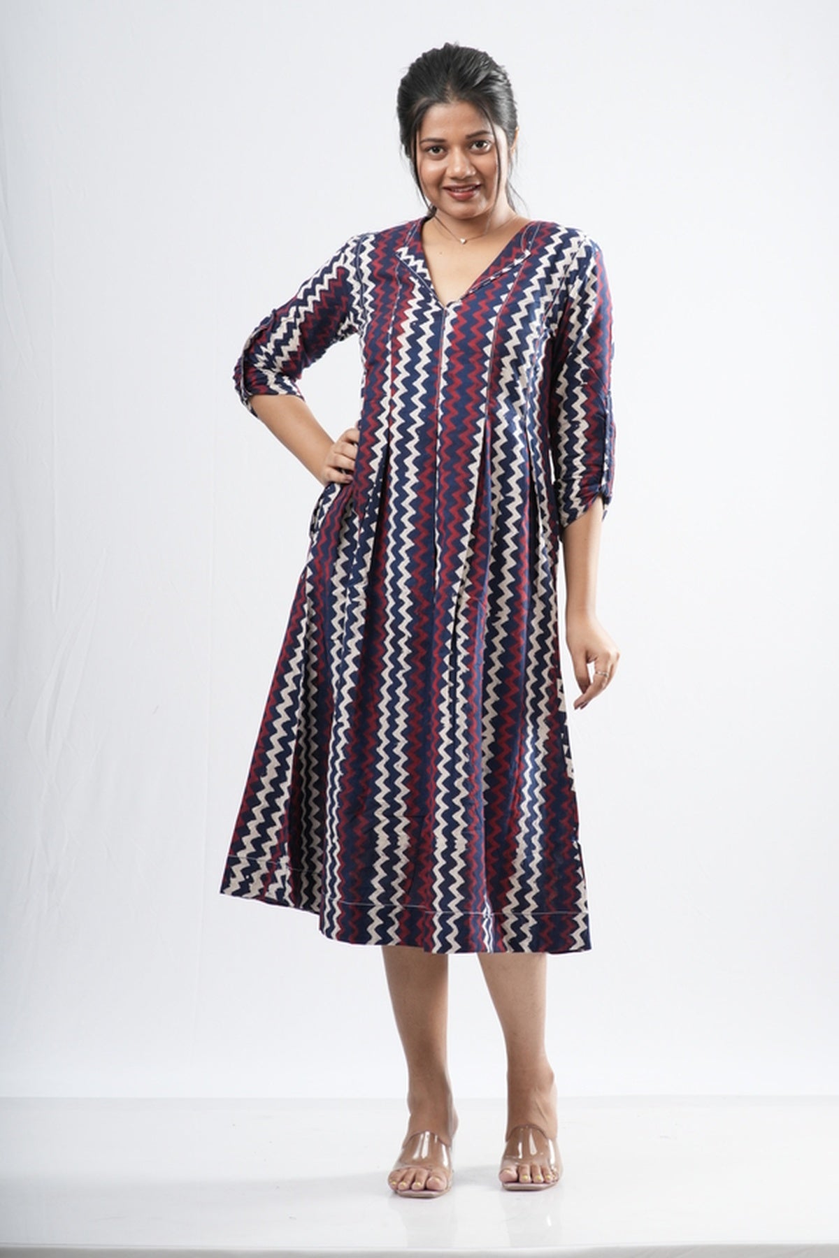Indigo & Crimson Zigzag Chevron Cotton A-Line Dress