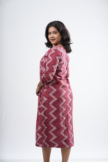 Red & White Zigzag Handblock Cotton A-Line Dress