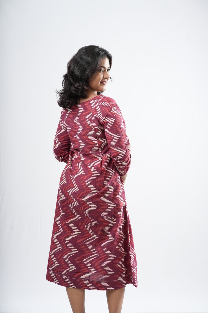 Red & White Zigzag Handblock Cotton A-Line Dress