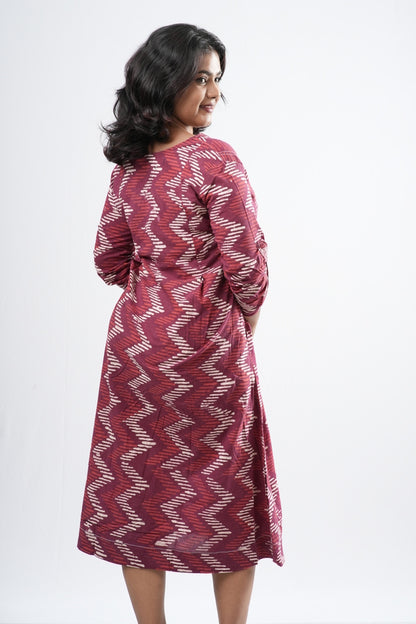Red & White Zigzag Handblock Cotton A-Line Dress