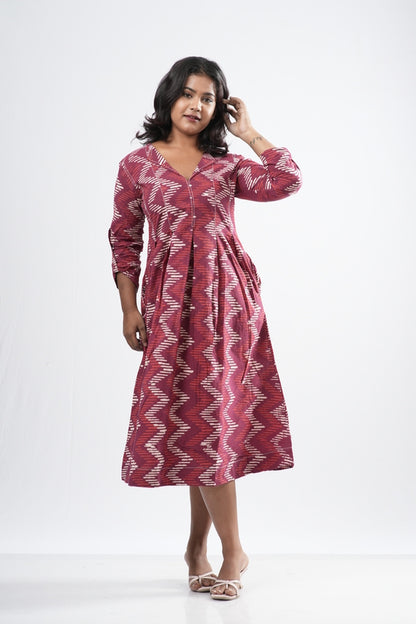 Red & White Zigzag Handblock Cotton A-Line Dress