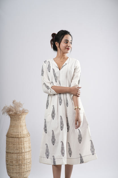 Off-White Floral Motif Cotton A-Line Dress