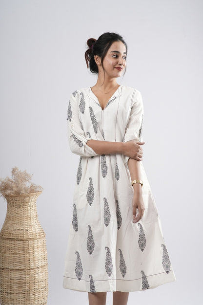 Off-White Floral Motif Cotton A-Line Dress