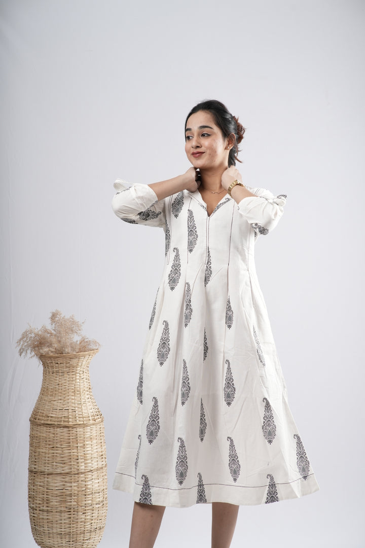 Off-White Floral Motif Cotton A-Line Dress