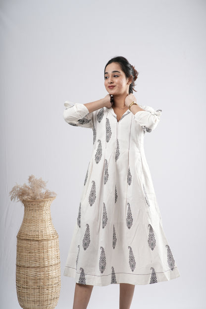 Off-White Floral Motif Cotton A-Line Dress