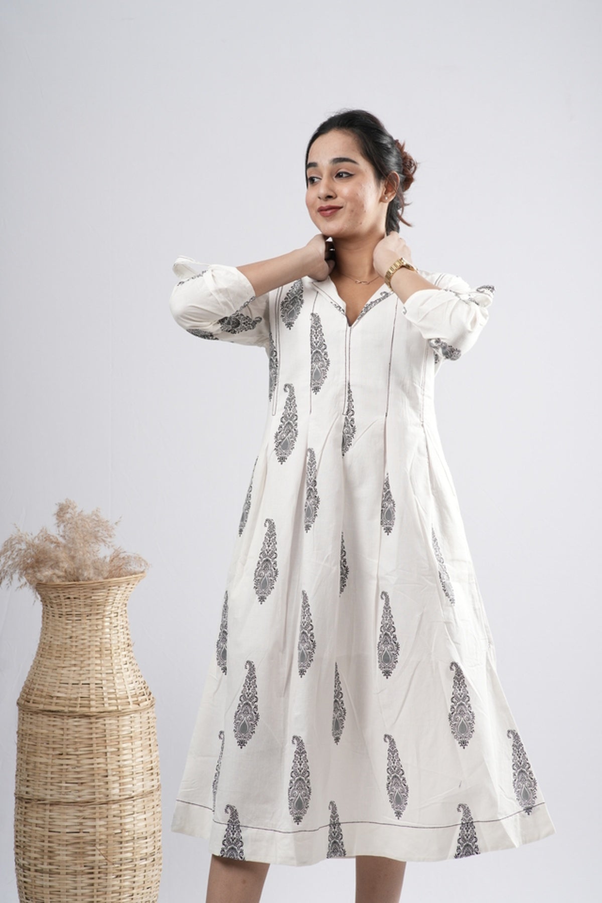 Off-White Floral Motif Cotton A-Line Dress