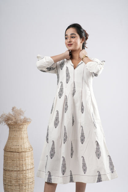 Off-White Floral Motif Cotton A-Line Dress