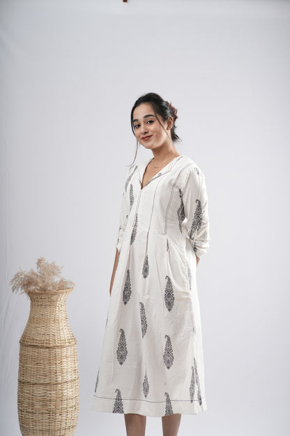 Off-White Floral Motif Cotton A-Line Dress