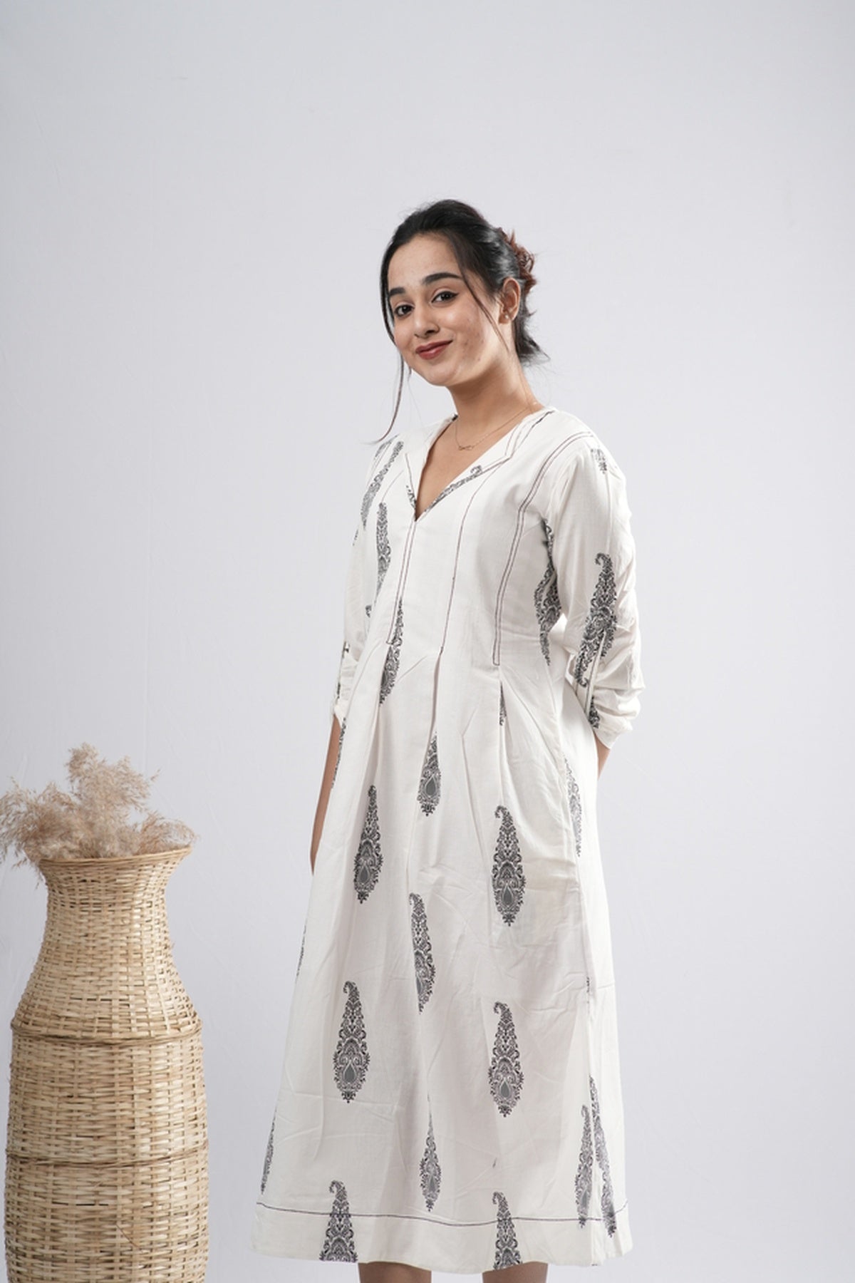 Off-White Floral Motif Cotton A-Line Dress