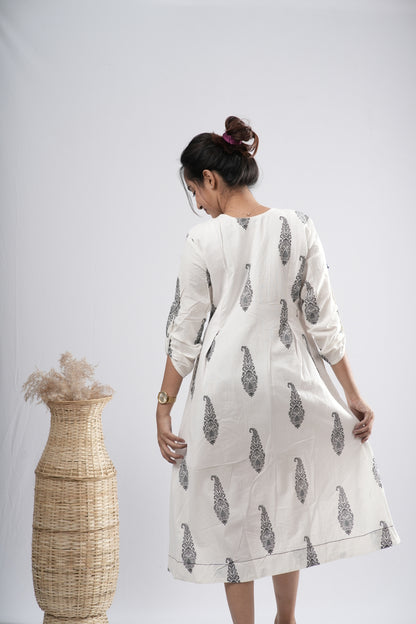 Off-White Floral Motif Cotton A-Line Dress