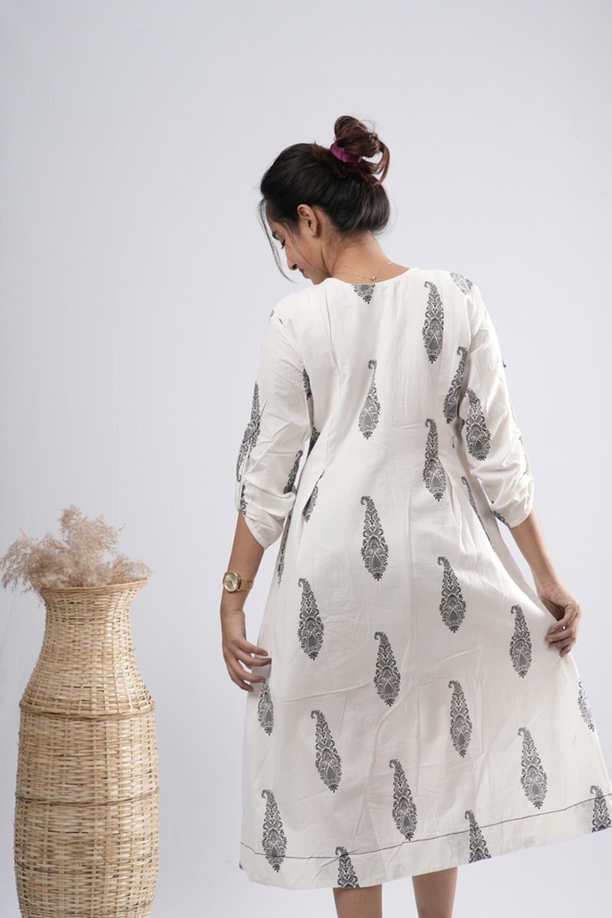 Off-White Floral Motif Cotton A-Line Dress
