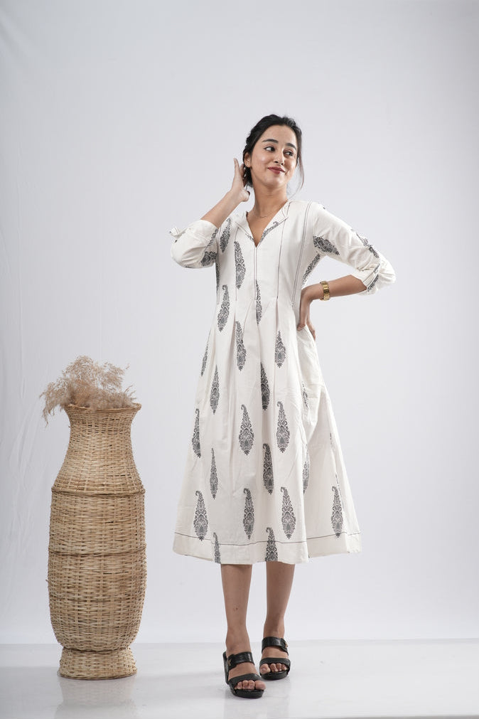 Off-White Floral Motif Cotton A-Line Dress