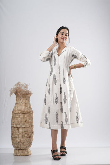 Off-White Floral Motif Cotton A-Line Dress