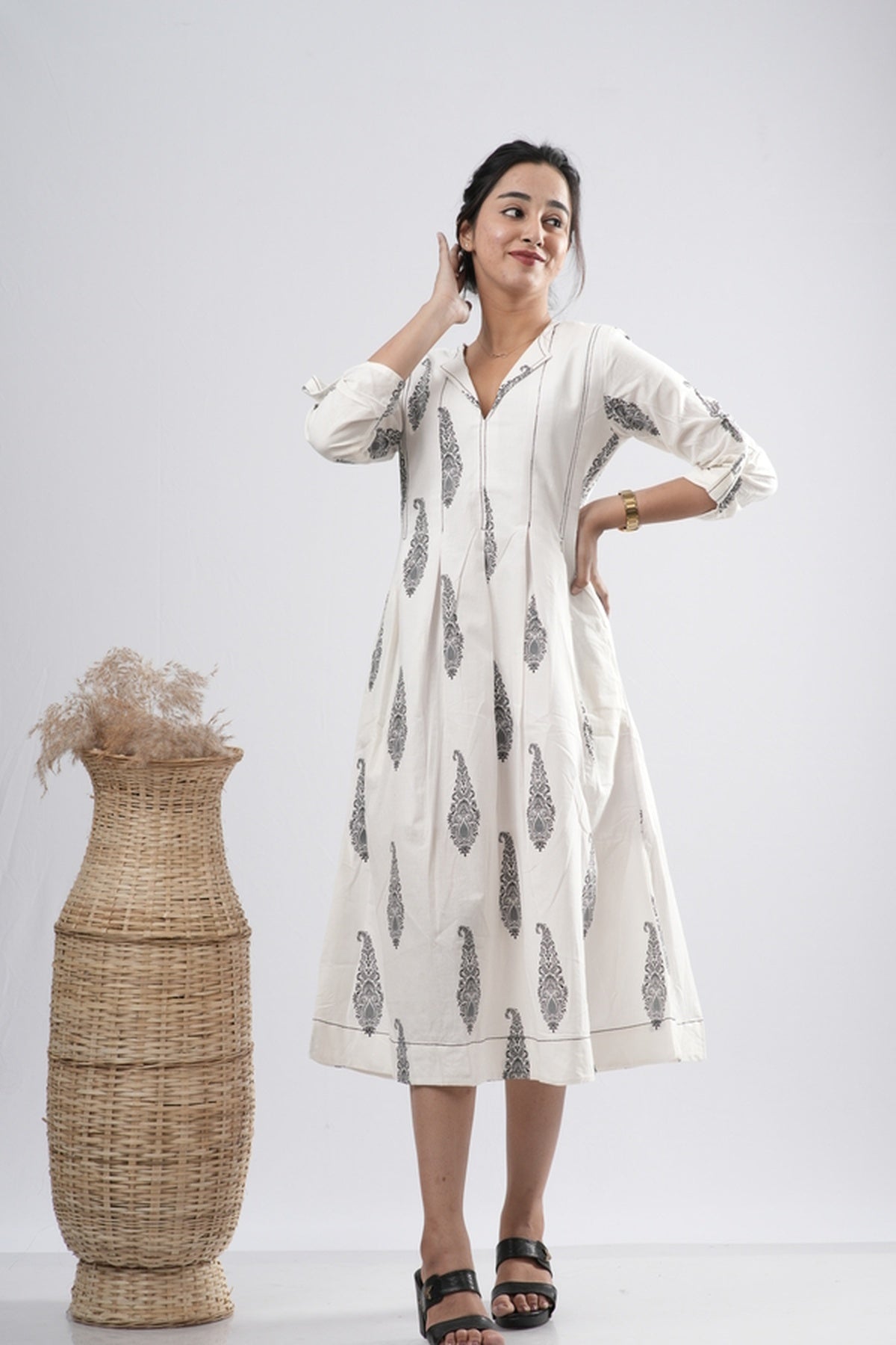 Off-White Floral Motif Cotton A-Line Dress