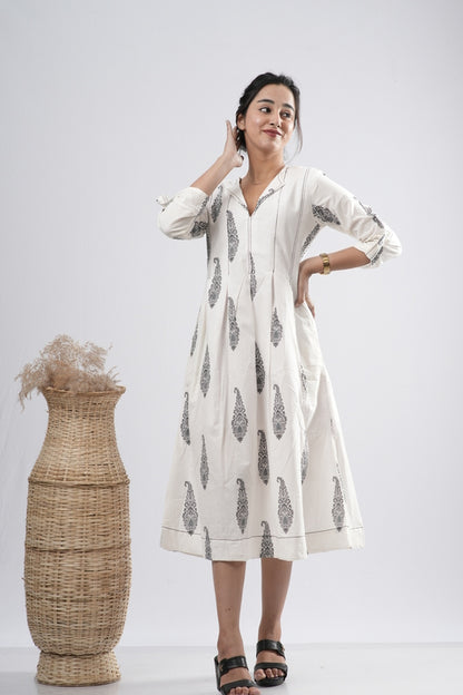Off-White Floral Motif Cotton A-Line Dress