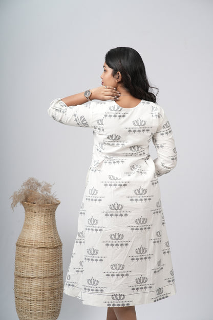 Off - White Floral A-line Cotton Dress