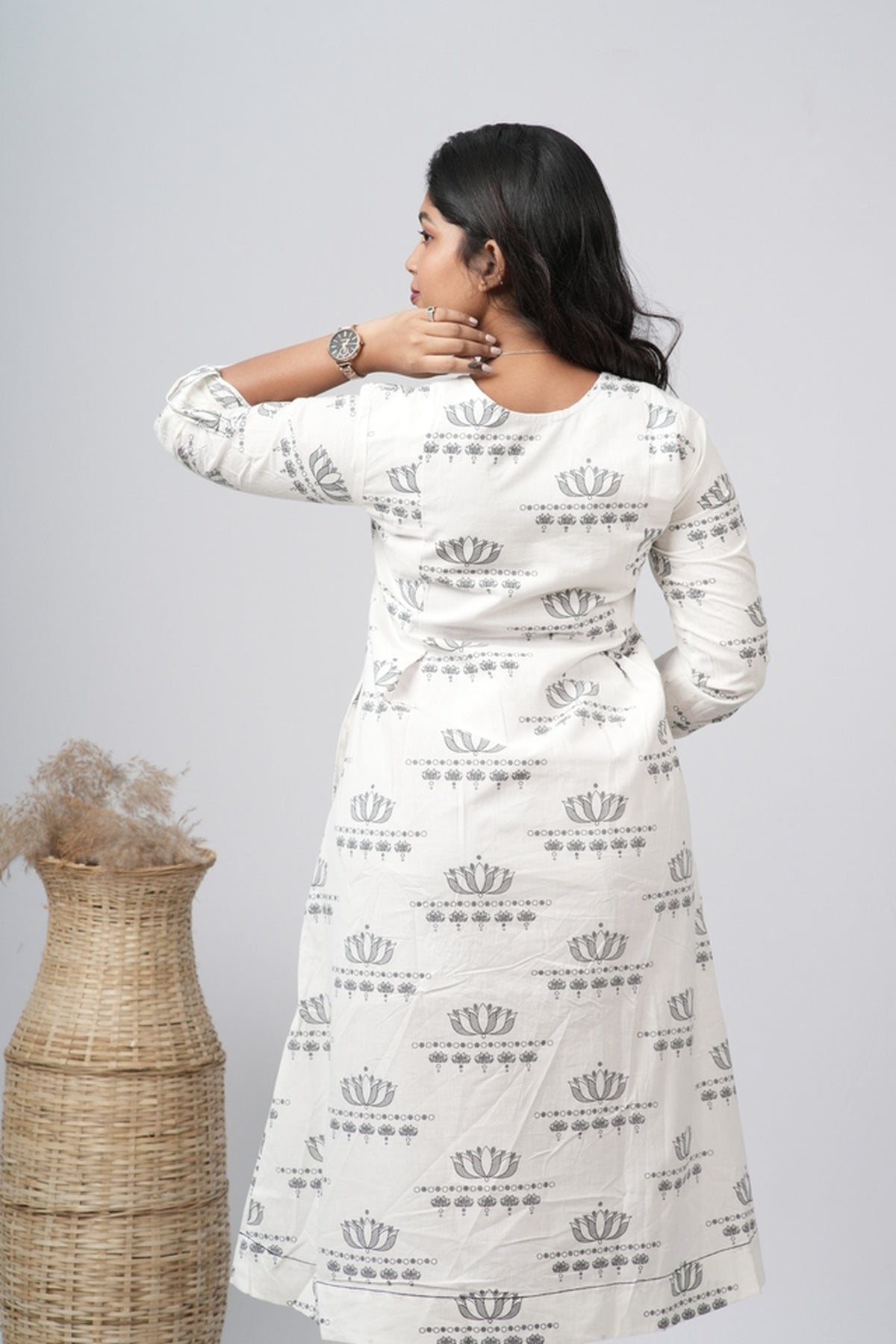 Off - White Floral A-line Cotton Dress