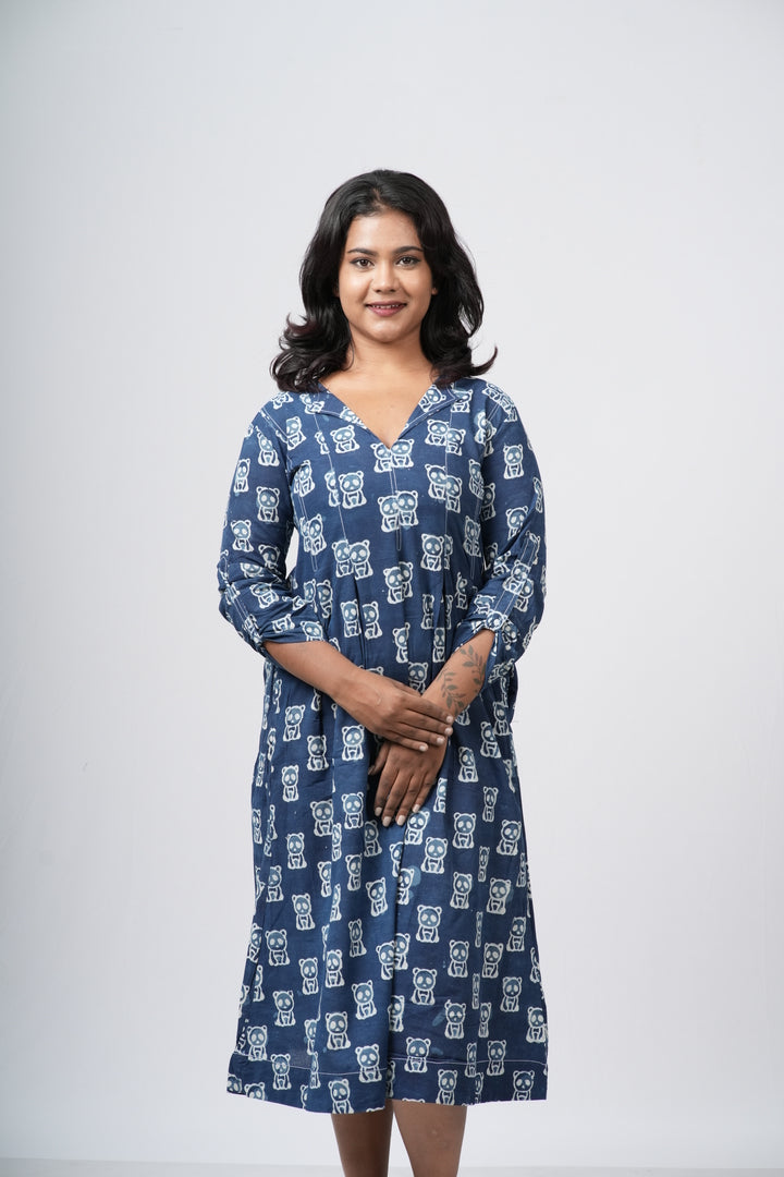 Indigo Heritage Block Print Cotton  A-Line Dress