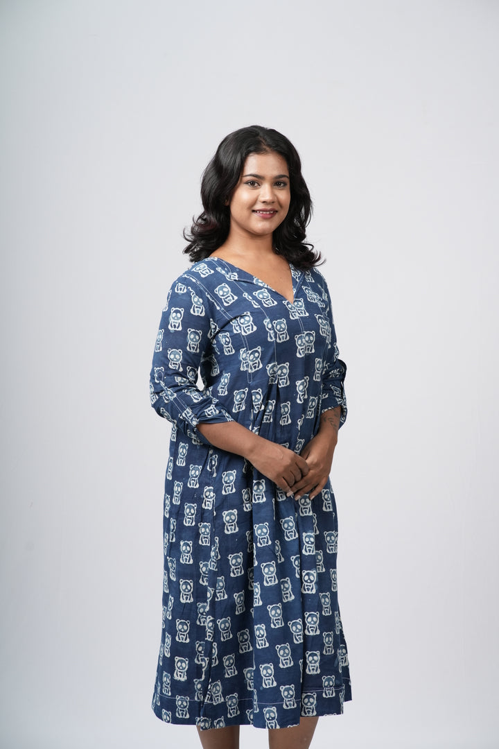 Indigo Heritage Block Print Cotton  A-Line Dress