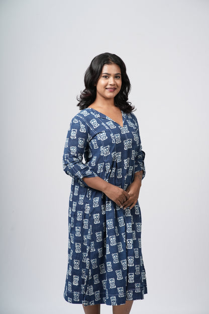 Indigo Heritage Block Print Cotton  A-Line Dress