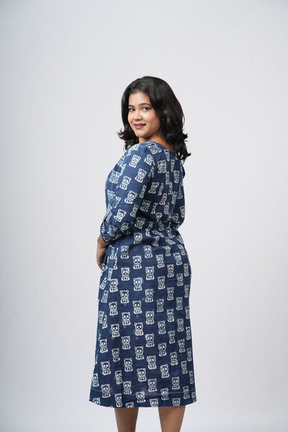 Indigo Heritage Block Print Cotton  A-Line Dress