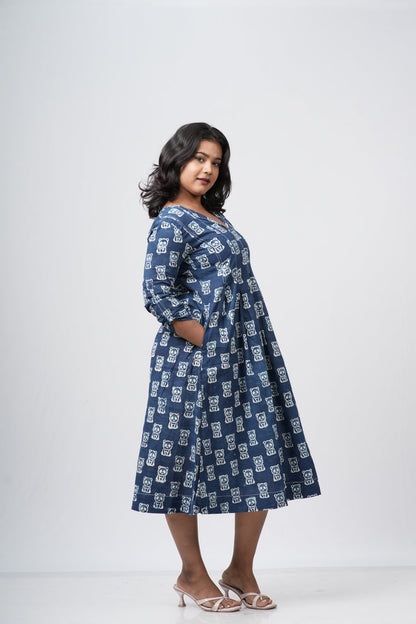 Indigo Heritage Block Print Cotton  A-Line Dress