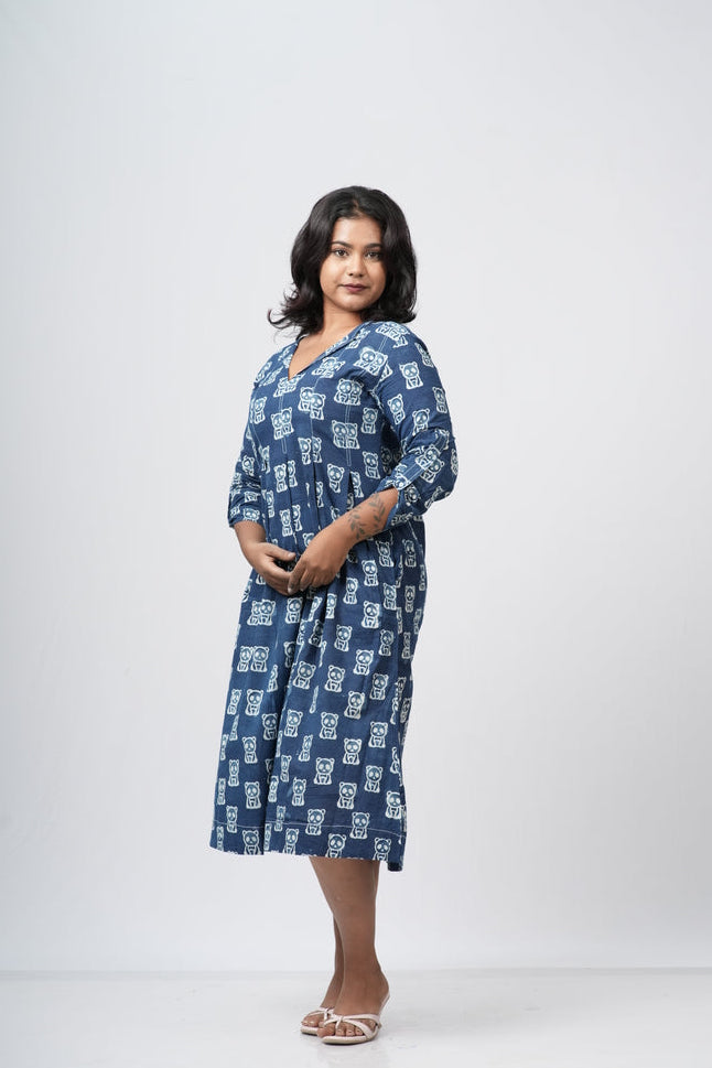 Indigo Heritage Block Print Cotton  A-Line Dress