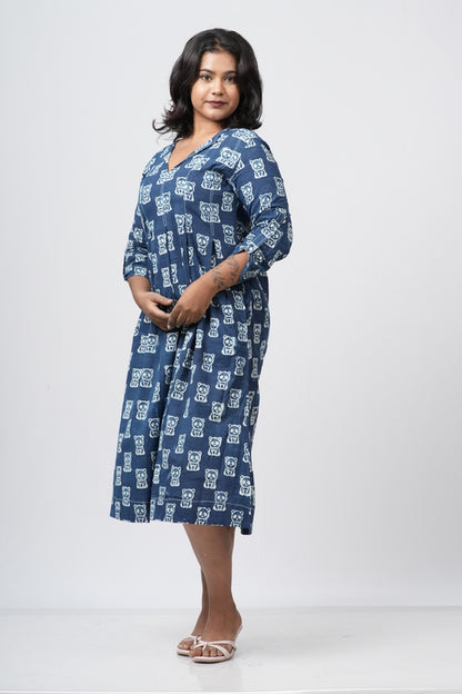 Indigo Heritage Block Print Cotton  A-Line Dress